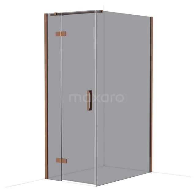 Hoekige glazen douchecabine met bronzen accenten, geschikt voor moderne badkamers.