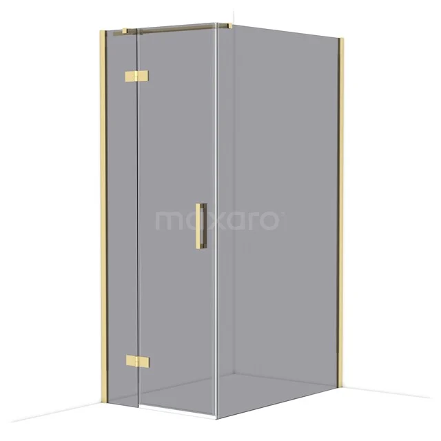 Angular glass shower cabin with gold accents and door, ideal for a modern bathroom style.