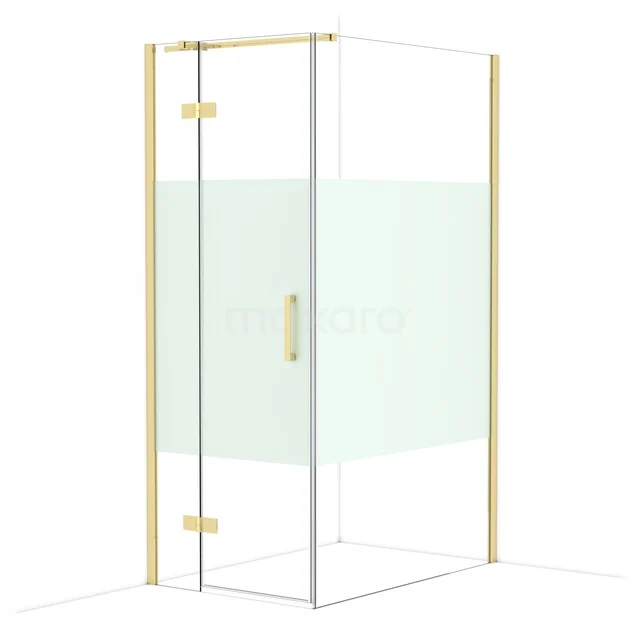 Douchecabine hoekmodel met glazen wanden, goudkleurige accenten en matte privacystrook, ideaal voor moderne badkamers.