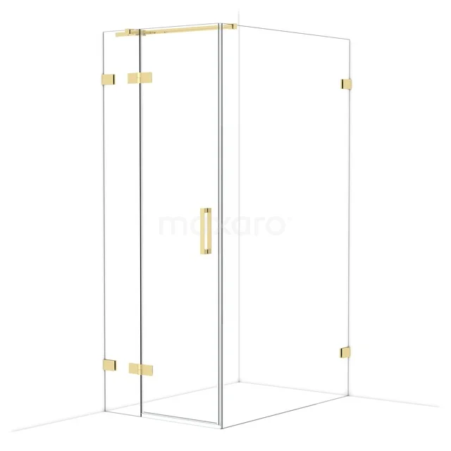 Glas Duschkabine mit goldfarbenen Scharnieren und Haltegriff, luxuriöses Design für ein stilvolles Badezimmer.