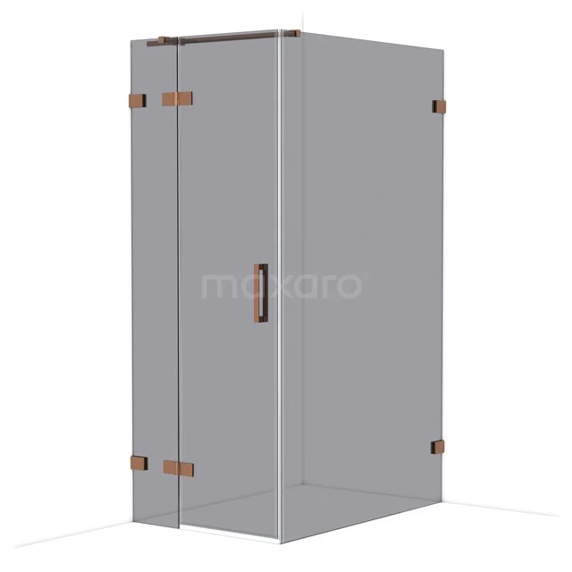 Glass shower cabin with corner entry, clear glass and rust-coloured hinges, ideal as a modern bathroom solution.