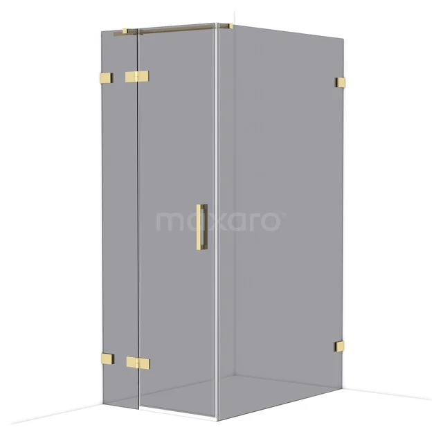 Rectangular shower cabin with gold hinges, glass wall and door, ideal for a modern bathroom style.