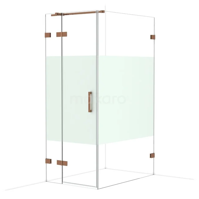 Glass shower cabin with bronze-coloured hinges, rectangular design and frosted middle panel for modern bathroom style.