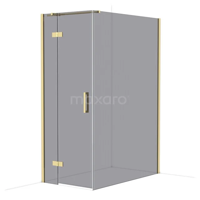 Glass shower cabin with corner entry, brass hinges and handle, ideal for a stylish and modern bathroom design.