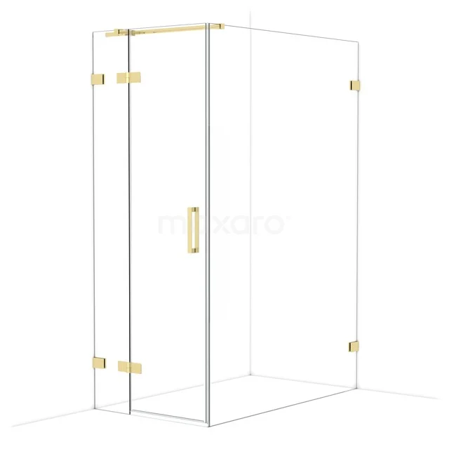 Glass shower cabin with gold-coloured hinges and handle, modern design, ideal for an elegant bathroom style.