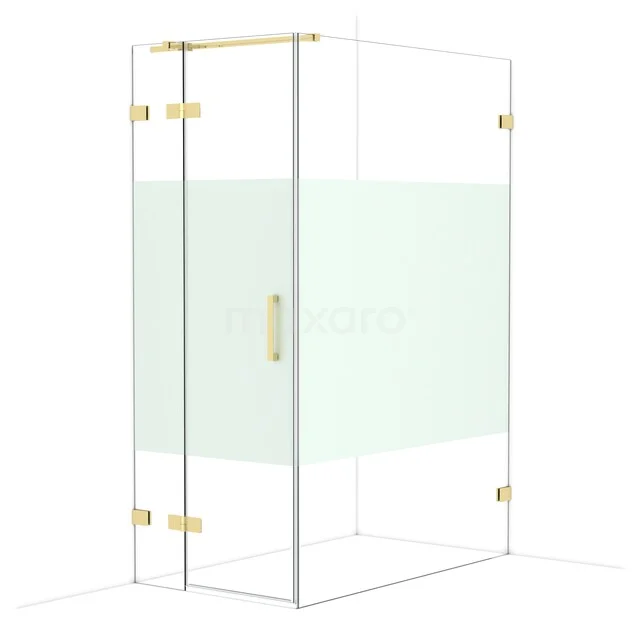 Glas Duschkabine mit mattgläsernem Streifen, goldfarbigen Scharnieren und Haltegriff, modernes Design für das Badezimmer.