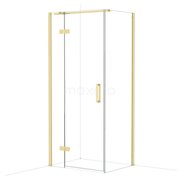 Glasene Duschkabine mit goldfarbenem Rahmen, Drehtüren und minimalistischem Design, perfekt für ein modernes Badezimmer.