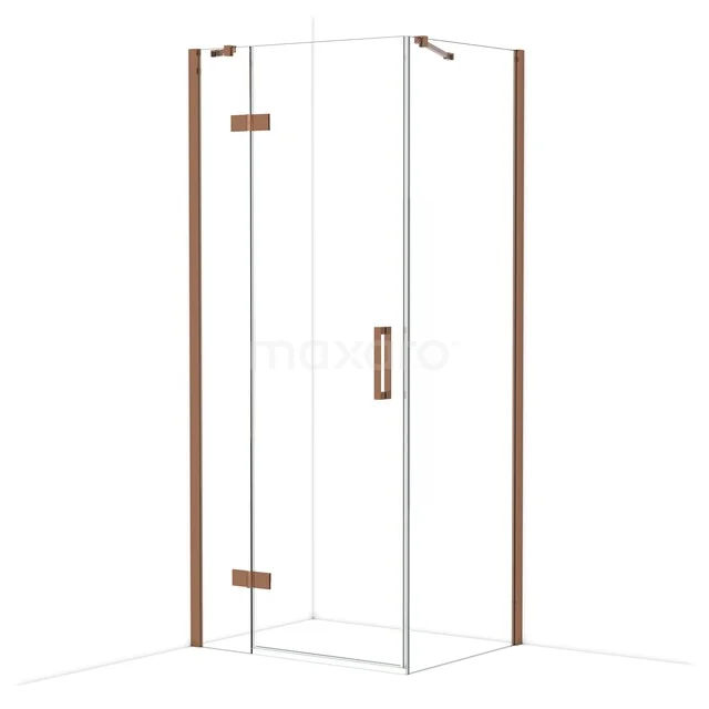Glass shower cabin with corner entry, stainless steel hinges and bronze-coloured accents, ideal for modern bathrooms.