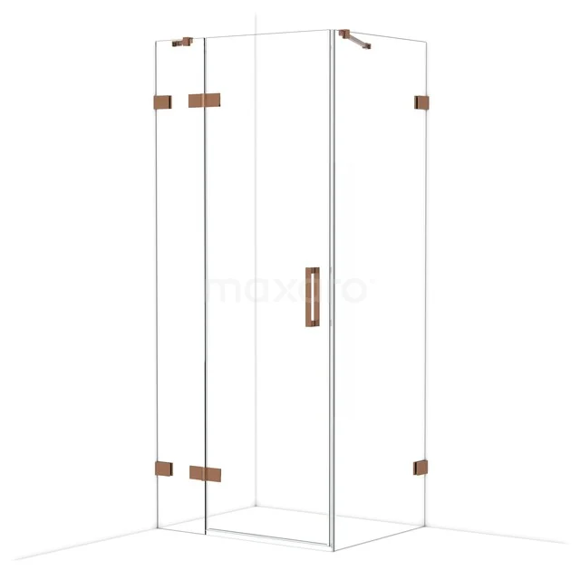 Diamond Shower enclosure | 90x70 cm Shiny copper Clear glass Pivot door Rectangle CDB213607420GKP Glazen hoekdouchecabine met roestvrijstalen scharnieren en messing accenten, perfect voor een moderne badkamer.