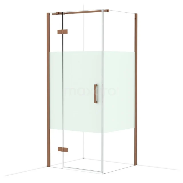 Glazen douchewand met bronskleurig frame en matglas detail, moderne badkamerruimte-oplossing.