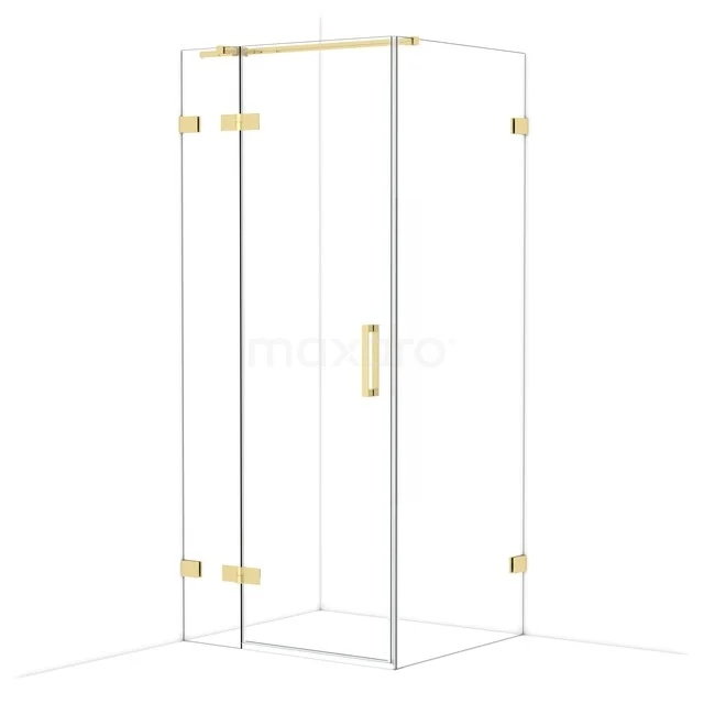 Glass shower cabin with gold-coloured hinges and handle, stylish bathroom solution from the luxury series.