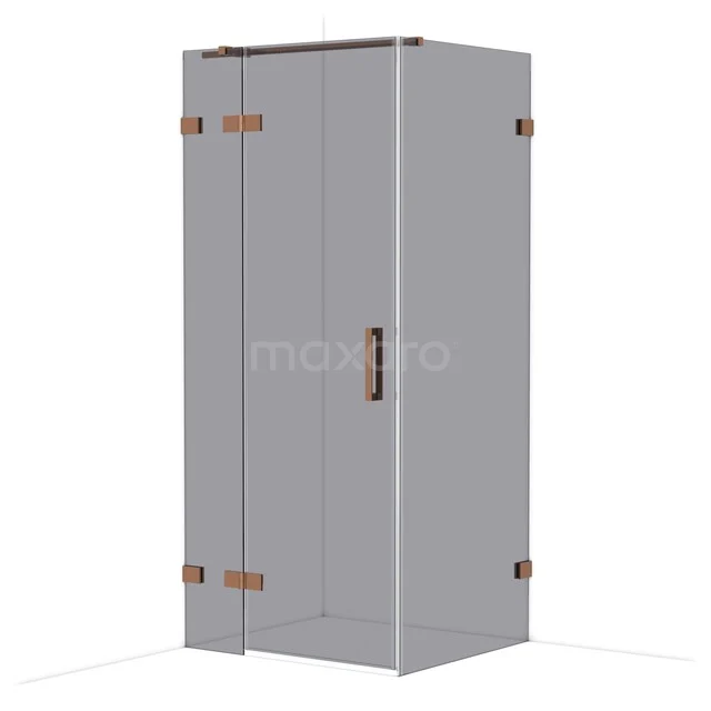 Grijze hoekdouchecabine met bronzen scharnieren, glazen deuren en strak design; perfect voor een moderne badkamer.