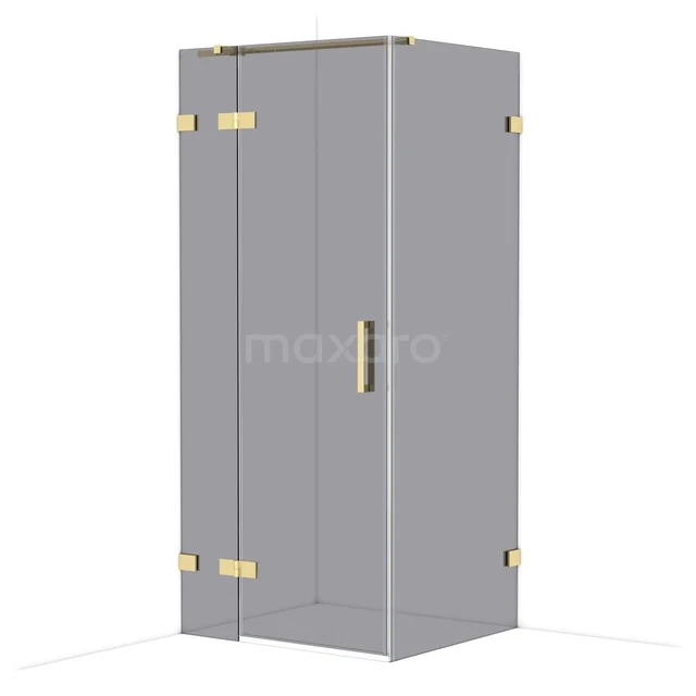 Grijze douchecabine met gouden scharnieren en handvat, glazen deuren, ideaal voor een stijlvolle badkamer inrichting.