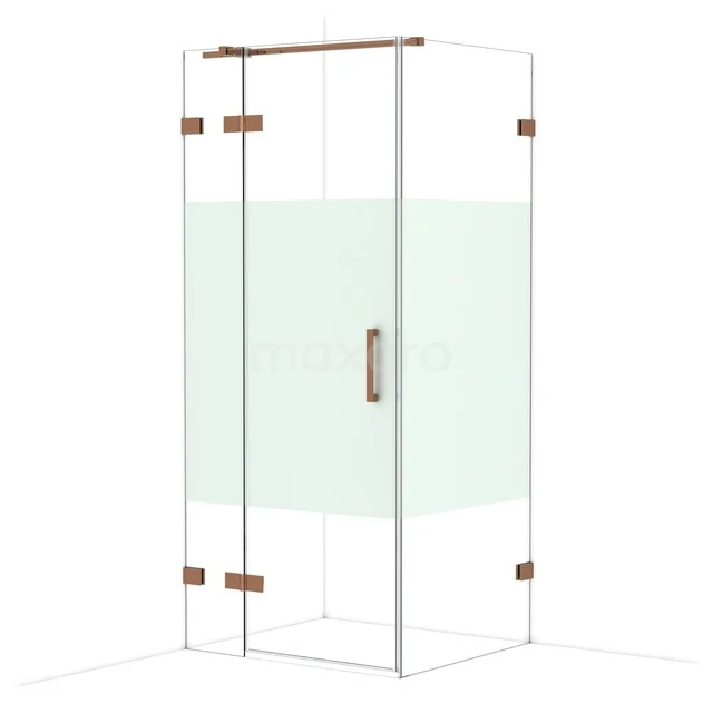 Glass shower cabin with copper-coloured details, rectangular design and matte strip, ideal for a modern bathroom style.