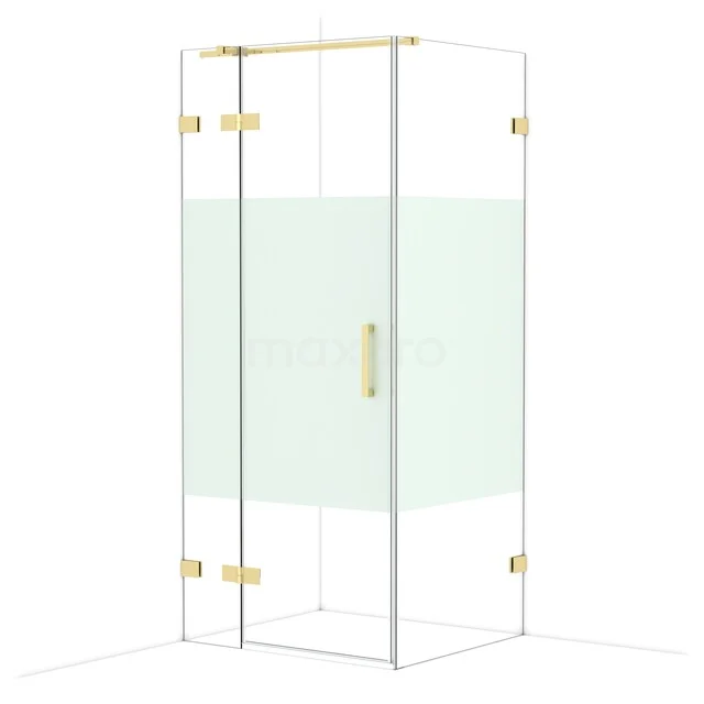 Glass shower cabin with gold accents, rectangular design, luxurious appearance for an elegant bathroom.