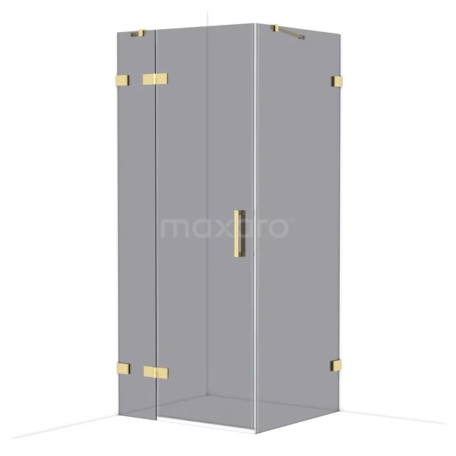 Grijze vierkante douchecabine met gouden details en glazen wanden, perfect voor een moderne badkamer inrichting.