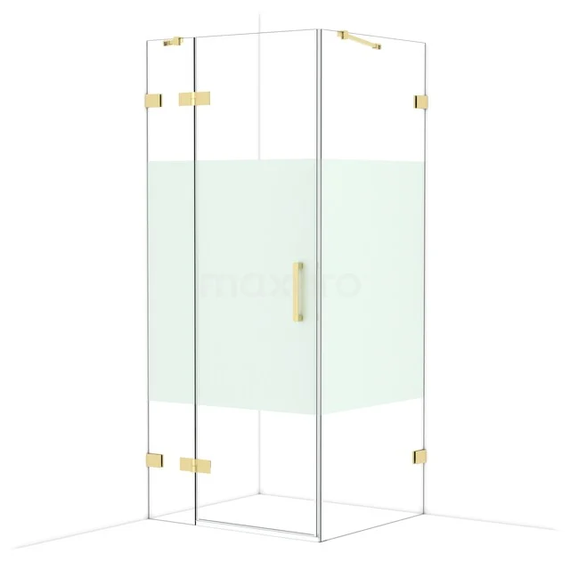 Eckdusche mit goldfarbenen Details, Glasplatten und Mattglasstreifen, perfekt für einen modernen Badezimmerstil.