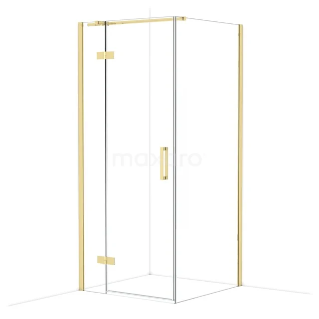 Shower cabin with gold-coloured trim, glass doors and modern design, ideal for luxury bathroom decor.