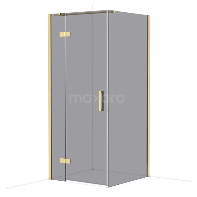 Glass shower cabin with corner entry, brass details, square shape, ideal as a luxury bathroom solution.