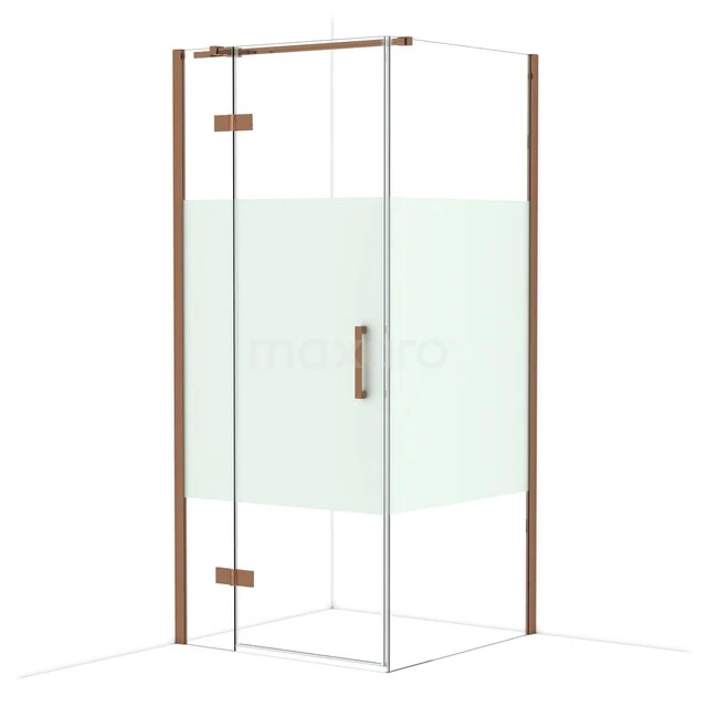 Diamond Shower enclosure | 90x90 cm Glanzend koper Clear with matt strip Pivot door Square CDB213609313GKP Douchecabine met matglazen segment, hoekvorm, houten accenten en RVS handgreep - stijlvolle badkameroplossing.