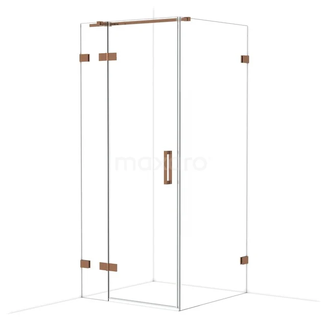 Glass shower cabin with copper-coloured hinges and handle, modern design ideal for a stylish bathroom.