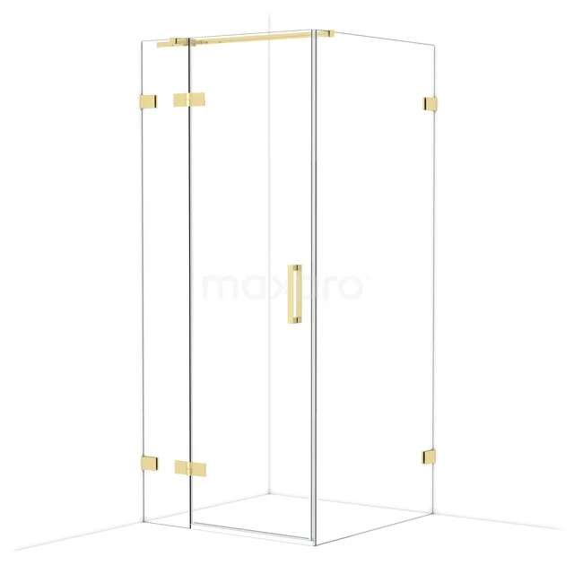 Glass shower cabin with gold-coloured accents, corner design and elegant details, ideal as a luxury bathroom solution.