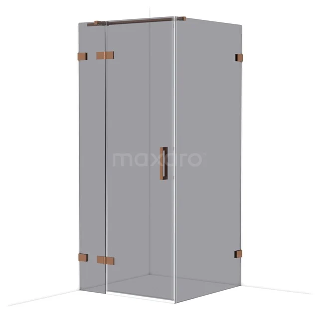 Diamond Shower enclosure | 90x90 cm Glanzend koper Smoke glass Pivot door Square CDB213609321GKP Grijze douchecabine met glazen deuren, bruin metalen scharnieren en handgreep, ideaal voor een moderne badkamer.