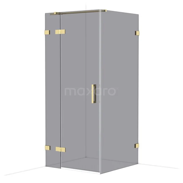 Douchecabine vierkant, grijs glas, gouden scharnieren en handvat, luxe design voor moderne badkamer.