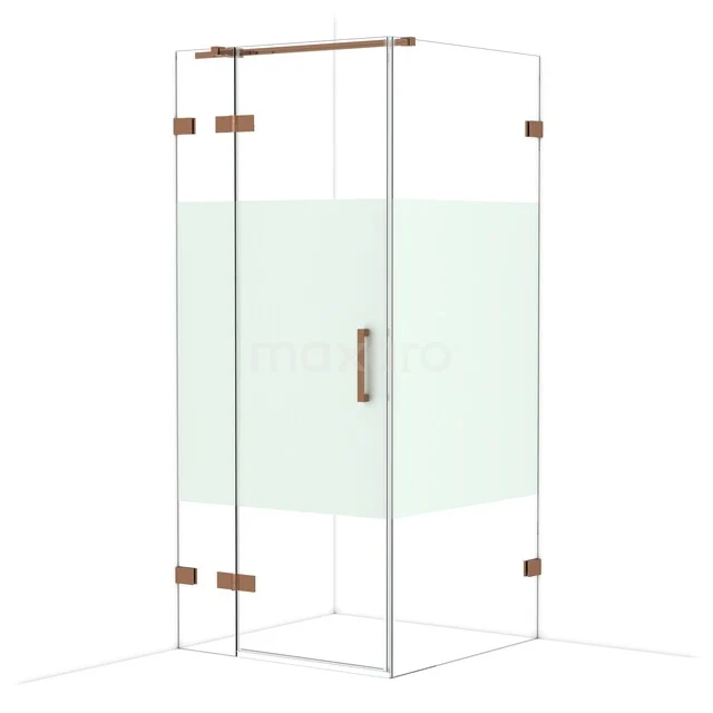 Glass shower wall with copper-coloured hinges, modern square shape, suitable for stylish bathroom decor.