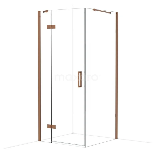 Douchecabine hoekmodel met helder glas en koperkleurige accenten, ideaal voor een stijlvolle en moderne badkamer.