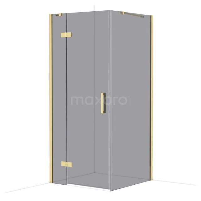 Grey corner shower cabin with matte gold details and clear glass, ideal for a modern bathroom design.