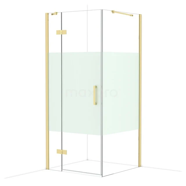 Glass corner shower with gold-coloured profiles, transparent safety glass and a modern appearance for a stylish bathroom.