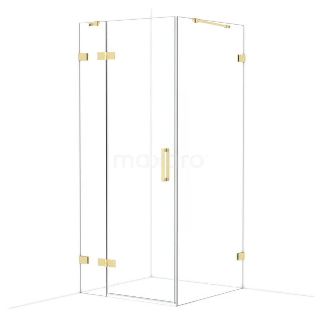 Diamond Shower enclosure | 90x90 cm Glanzend lichtgoud Clear glass Pivot door Square CDB213609420GLG Glazen douchecabine met goudkleurige scharnieren en handgreep, vierkant design, ideaal voor een luxe badkamer.