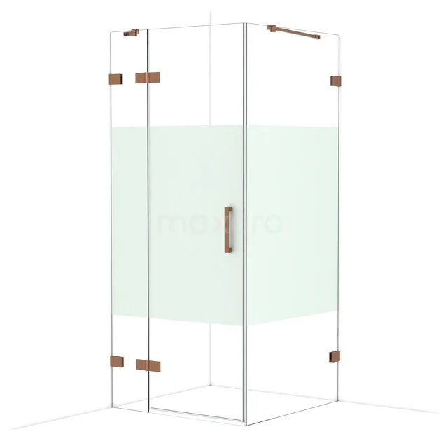 Glass corner shower with transparent walls and a frosted white glass strip, rose gold hinges and metal handle, modern bathroom style.