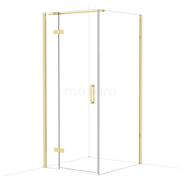 Glass shower cabin with gold-coloured frame, compact corner model, ideal for modern bathroom interiors.