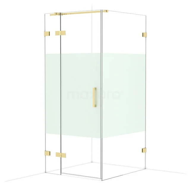 Glas Duschkabine mit goldfarbenen Scharnieren und Haltegriff, moderner Badezimmerstil, Frostglas-Akzent in der Mitte.