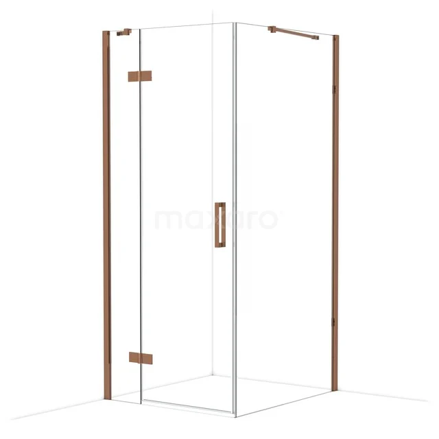 Duschbereich mit Klarglas, kupferfarbenen Profilen und Drehtür, stilvolles Design für moderne Bäder.