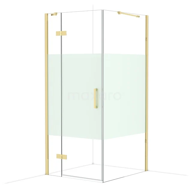 Corner shower cabin with gold accents, glass doors and minimalist design for a luxurious bathroom appearance.