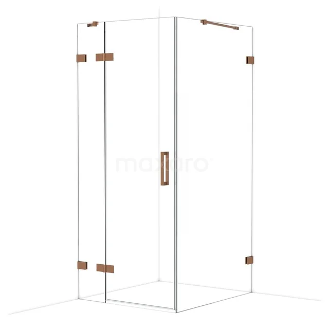 Glazen douchecabine met hoekinstap, transparant glas en stijlvolle messing scharnieren, perfect voor een luxe badkamer.