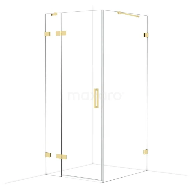 Glas Duschkabine mit goldenen Scharnieren und Haltegriff, platzsparendes Design, ideal für ein modernes Badezimmer.