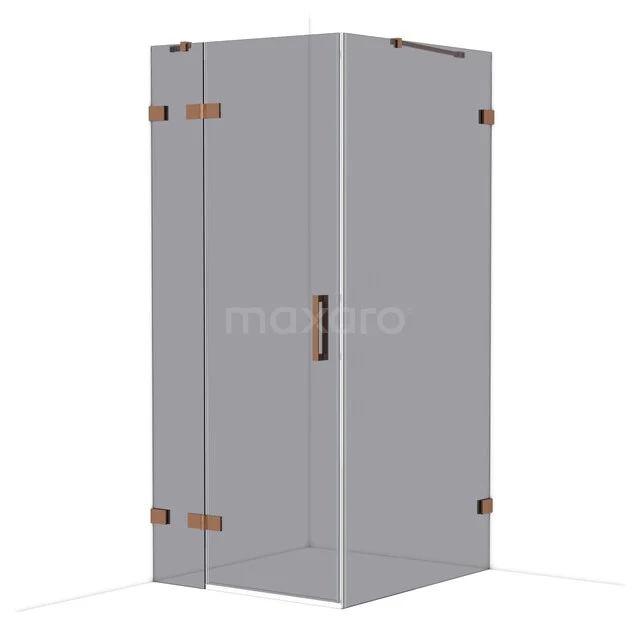 Hoekdouchecabine van glas met mat zwarte details en roestvrijstalen scharnieren, ideaal voor een moderne badkamer.