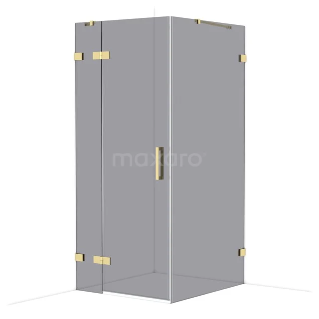 Grey shower cabin with gold-coloured hinges and handle, sleek design, ideal for modern bathrooms.