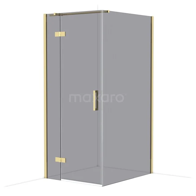 Glass shower cabin with gold-coloured edges and sliding door, a stylish addition to a modern bathroom.