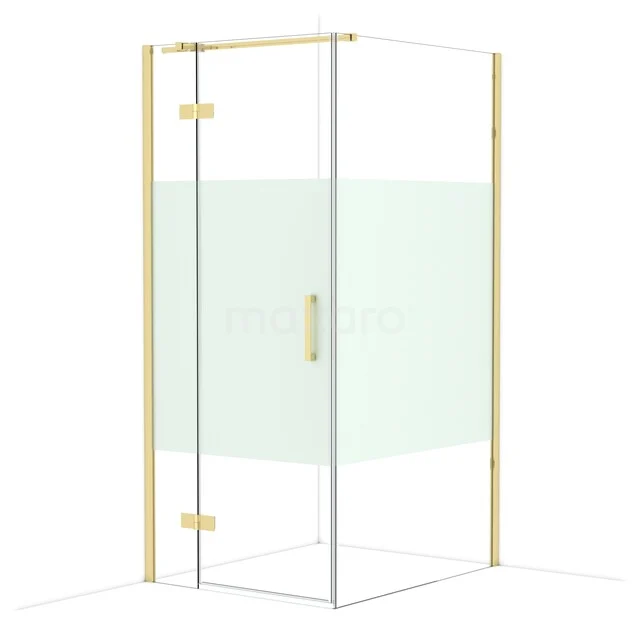 Diamond Shower enclosure | 110x90 cm Shiny light gold Clear with matt strip Pivot door Rectangle CDB213611313GLG Golden corner shower wall with glass panels, sleek design and minimalist finish for a modern bathroom.