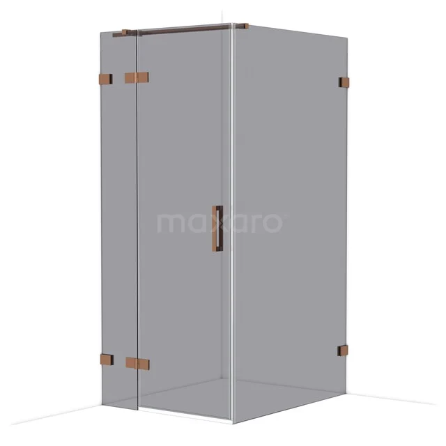 Glass shower cabin with matte black and copper-coloured accents, modern design for a stylish bathroom.