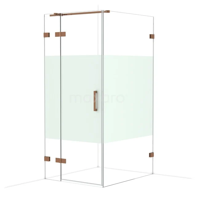 Glass shower cabin with brass accents, transparent design and green matte panel, ideal for modern bathrooms.