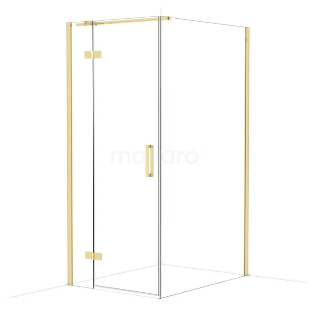 Square shower cabin with gold accents, glass door and walls, ideal for a modern bathroom.