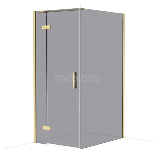 Goldfarbene Duschkabine mit Eckdesign, Glasplatten und minimalistischem Griff, ideal für moderne Bäder.