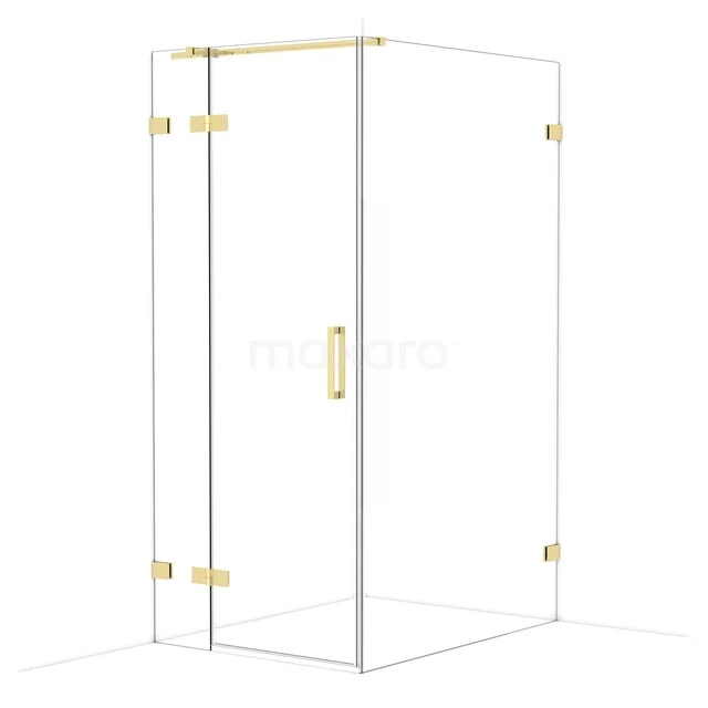 Glas Duschkabine mit Gold Akzenten, modernes Design und klare Linien, perfekt für ein luxuriöses Badezimmer.