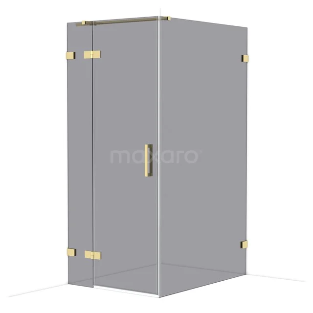 Glass shower cabin with gold-coloured hinges and handle, sleek design and luxurious finish for the modern bathroom.